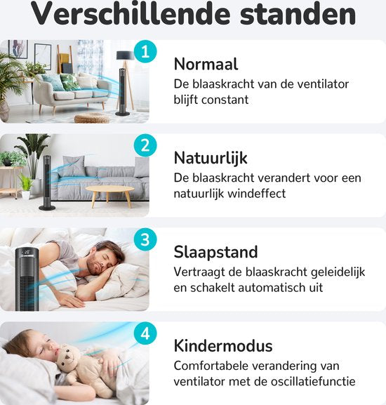 Bloomfold Turmventilator - 38 Zoll - Fernbedienung - Schlafmodus - 12-Stunden-Timer - Voll-LED-Display - Schwarz