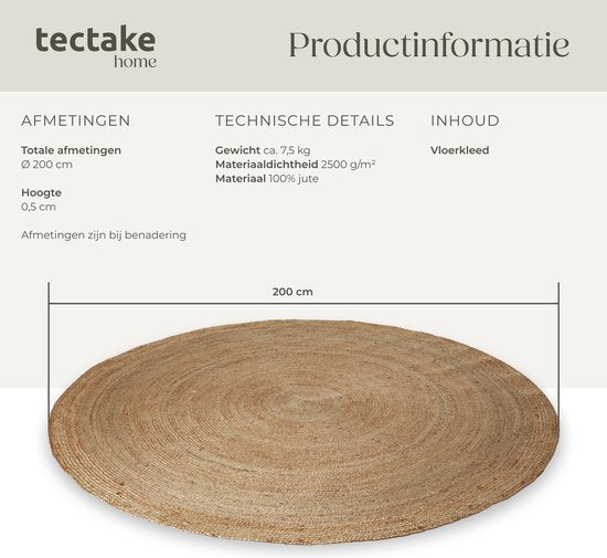 tectake - Handgewebter Teppich - Strapazierfähiger und pflegeleichter Teppich - Rund - Jute natur - Erhältlich in verschiedenen Größen - Natur - Ø 200 cm