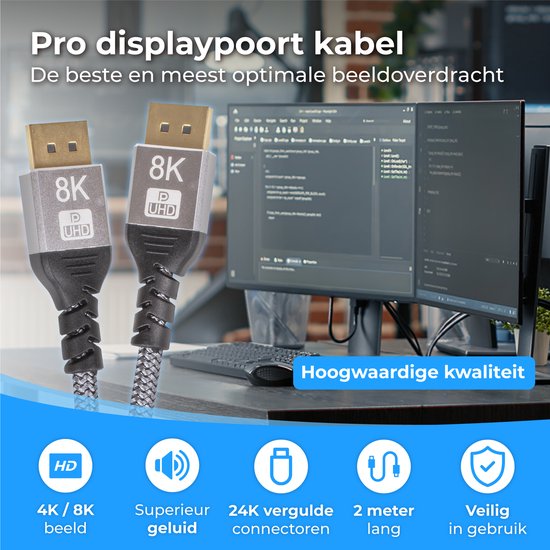 Nuvance - Displayport-Kabel - 2 Meter Display-Kabel - bis zu 32,4GBps - 8K Ultra HD - für TV, Computer, Monitor, Projektor & Beamer - Display Port