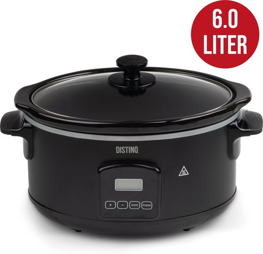 DistinQ - Digitaler Slowcooker 6 Liter mit Timer - Innenbehälter aus Keramik - Timerfunktion - schwarz
