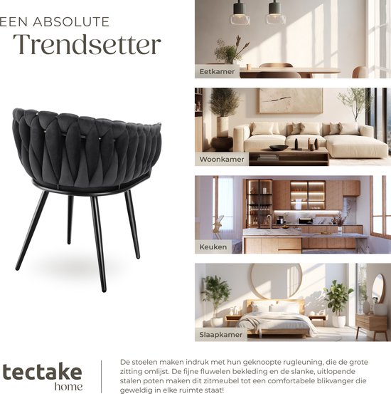 tectake - 2er Set Esszimmerstühle aus Samt - Schalensessel mit Armlehne in Knopfoptik - Esszimmerstuhl - Moderner Esszimmerstuhl für Wohnzimmer und Esszimmer - Küchenstuhl - Frisiertischstuhl - Schlafzimmerstuhl - Verschiedene Farben - Schwarz