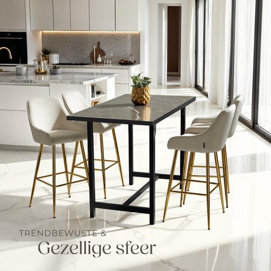 tectake - 2er Set Barhocker Avane - Gepolsterter Barhocker mit Rückenlehne - Barhocker - Ergonomischer Barhocker mit Fußstütze - Esszimmerstuhl mit Polsterung in Samtoptik - Stabile Stahlbeine mit rutschfestem Bodenschutz - Creme/Gold