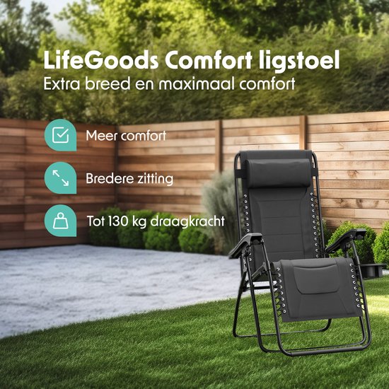 LifeGoods Lounger Comfort - klappbar - 30°-90° verstellbar - Tassen- und Telefonhalter - Gartenstuhl - Schwarz