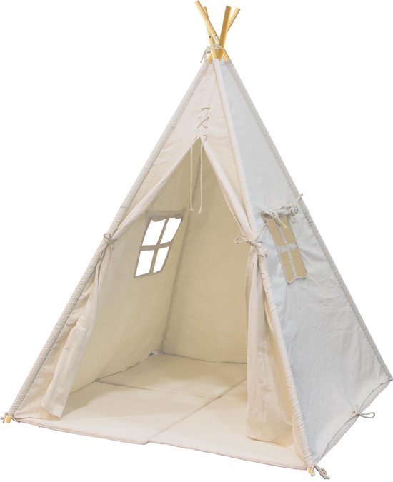 Sunny Alba Tipi-Zelt Creme/Weiß für Kinder - Wigwam Spielzelt mit Fenstern aus Baumwolle - Tipi-Zelt Kinder mit Kuschelteppich - 120x120x160cm - Gestänge FSC Holz