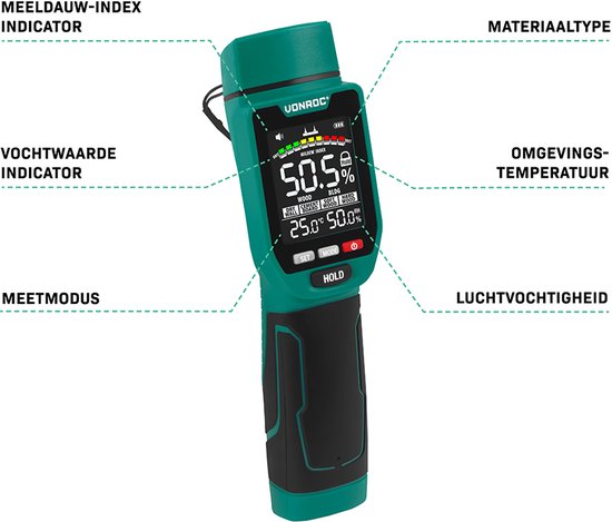 VONROC PRO Feuchtemessgerät - Duale Messfunktion: invasiv (mit Stiften) und nicht-invasiv (mit Sensor) - geeignet für Holz und Baumaterialien - mehrfarbiges LCD-Display