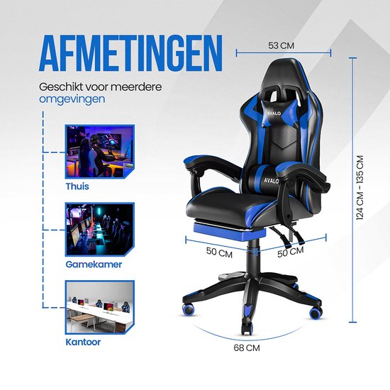 Avalo Gaming Chair - Game Chair - Ergonomischer Bürostuhl Verstellbar - Game Chair - Gaming Chair - Schwarz/Blau