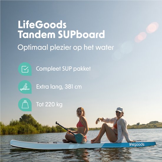 LifeGoods SUP Board Tandem - 2 Personen - 220 KG Belastbarkeit - 381 x 86 cm - Aufblasbar - Komplettes SUP Paket - Himmelblau