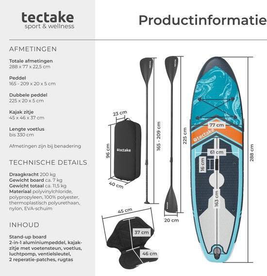 tectake Stand-Up Paddle Board - SUP Board - Aufblasbar - Stabil - 288 x 77 x 22,5 cm - Max 200kg - Orange-Türkis