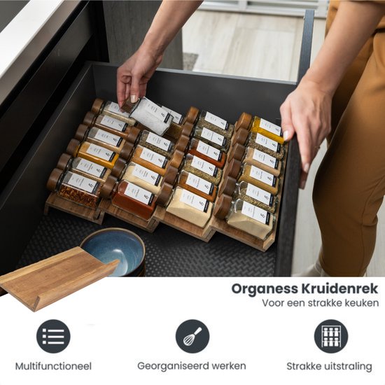 Organess Gewürzregal mit 28 Gewürzdosen - Gewürzregalschublade - Gewürzorganisation - Küchenschubladenorganisation - Komplettset - 4 Stück - Akazie