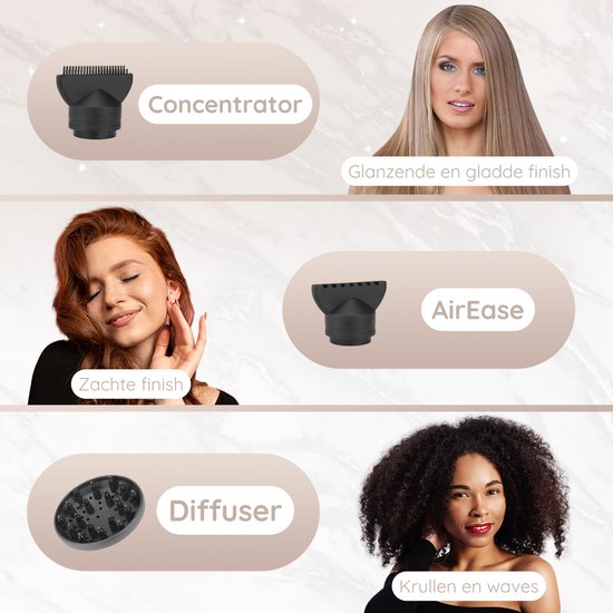 Sansbeauté® Haartrockner mit Diffusor - Ionen-Haartrockner - Bürste - Reise-Haartrockner - 3 Aufsätze - Locken - Coolshot - 3 Stufen - Haartrockner mit Diffusor - Haartrockner - 2000W - Pink