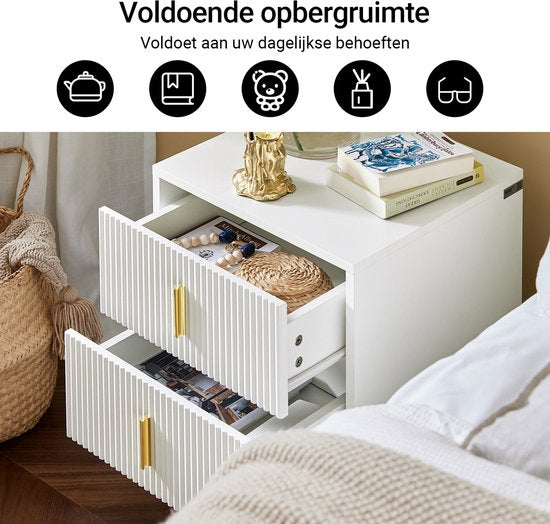 SoBuy 2-teiliger Nachttisch mit 2 Schubladen - Beistelltisch - Sofabeistelltisch - Couchtisch - Nachttisch - Betttisch mit 2 Schubladen für Wohnzimmer, Schlafzimmer, Büro, Weiß, 40x40x47cm, FBT115-Wx2