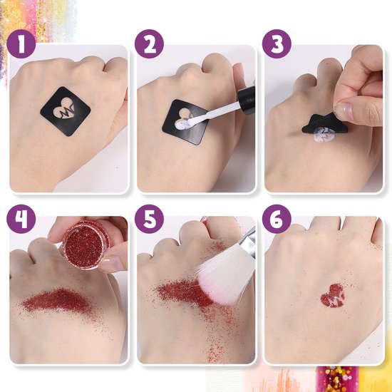 Partizzle Komplettes Bio Glitter Tattoo Set - Mädchen / Jungen - Schminkschablonen, Kleber und Pinsel - Face Fake Neon Tattoos Bastelset - Karneval Geschenk Basteln für Kinder - 24 Farben / Biologisch abbaubar