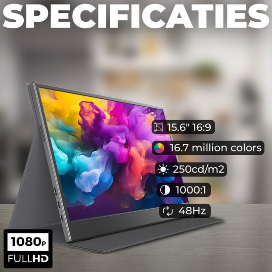 Tragbarer Monitor von Denver - Full HD - 15,6" - Tragbarer Monitor - Ledertasche - HDMI - USB-C - PMO15604