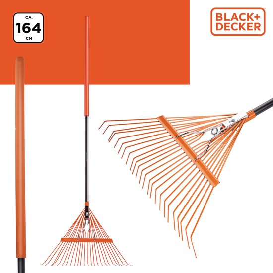 BLACK+DECKER Gartenrechen - 164 x 60 x 3 CM - Mit Komfortgriff - Rückfedernder Rechen - Orange/Schwarz