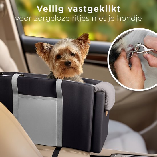 CozySense® Hundeautositz - Hundekorb Auto mit waschbarem Bezug - Für kleine Hunde - Passt in die Mittelkonsole - Auch als Tragetasche - Schwarz/Grau