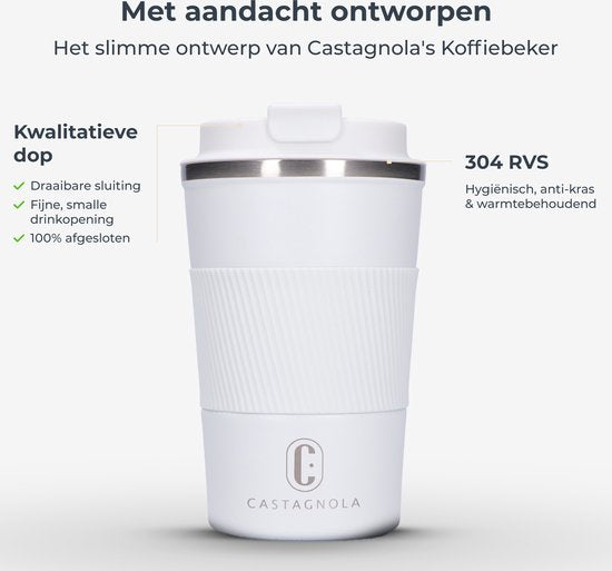 Castagnola Thermos Cup - Kaffeebecher To Go - Reisebecher für Kaffee und Tee - Teebecher - 380 ML - Edelstahl - Weiß