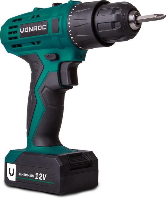 VONROC Akku-Bohrmaschine - 12V Li-Ion - Inkl. Aluminium-Koffer, 46 Zubehörteile, 2x Akku & Ladegerät
