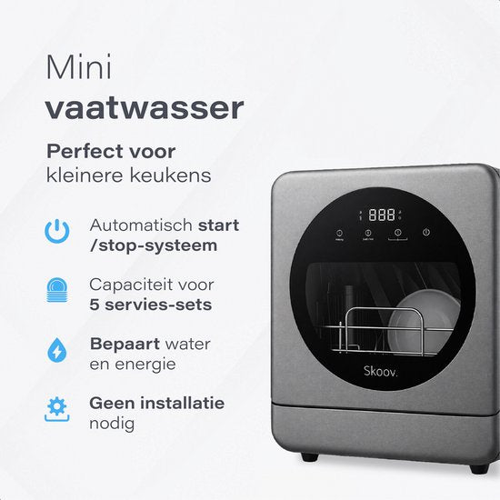 Skoov Mini-Geschirrspüler mit Wassertank - 5 Gedecke - 6 Spülprogramme - 45 × 44 × 46 cm - Grau