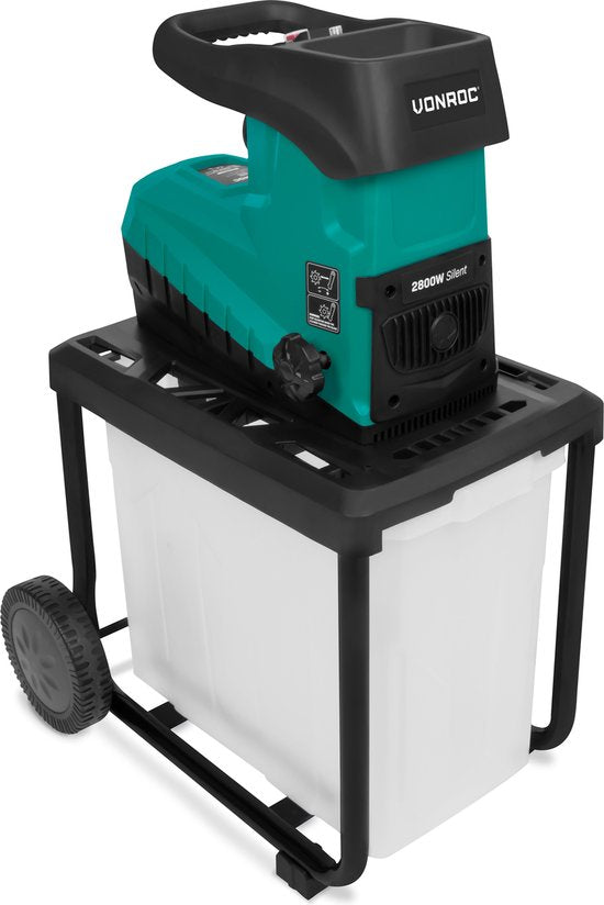 VONROC - Gartenhäcksler - Leise - 2800W - für Äste bis zu Ø45mm - Inkl. 60L Auffangbehälter & Schiebestock - Grün/Schwarz
