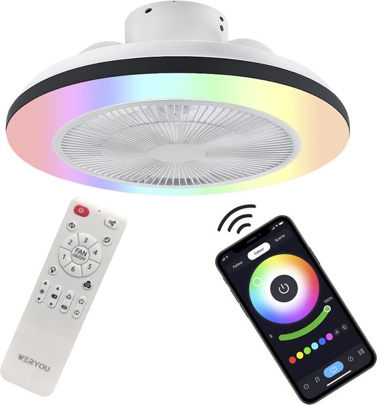 WERYOU® illuminAIR Deckenventilator - Deckenleuchte - Deckenventilator mit Beleuchtung - Deckenleuchte - Fächerlampe - Tuya Wifi Smart - RGB Led Lampe - Deckenleuchte - Inkl Fernbedienung - Dimmbar - ⌀56CM