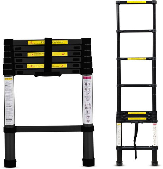 Outbee Teleskopleiter - Teleskop-Klappleiter - 2,6 m Arbeitshöhe - Aluminium - Schwarz
