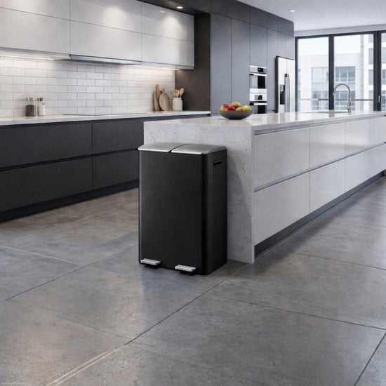 Bayt Mülleimer - Mülleimer 60 Liter (2x30) - Mülleimer 60 Liter - Treteimer 60 Liter - Mülleimer Mülltrennung - Mülleimer 2 Fächer - Mülleimer - Edelstahl - Schwarz/Silber