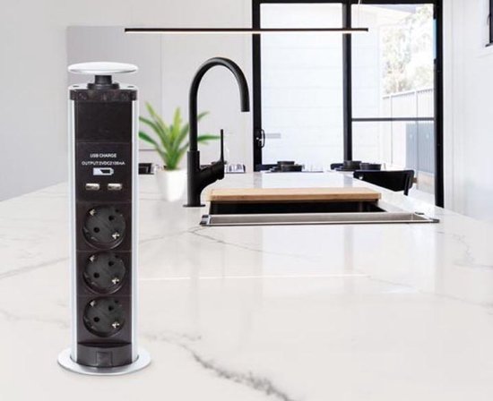 Perel Pop-up-Steckdose, 3 Steckdosen mit Schutzleiter (Typ F), 2 USB-Anschlüsse, Einbauöffnung 71 mm, Innenbereich, schwarz/grau