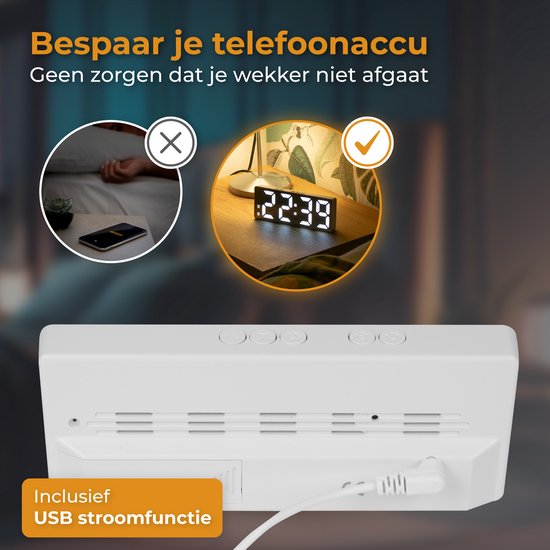 Nuvance - Digitaler Wecker - Digitaluhren - Wecker für Kinder & Erwachsene - Reisewecker - Schlafzimmer - Led-Wecker digital - Wecker - Weiß