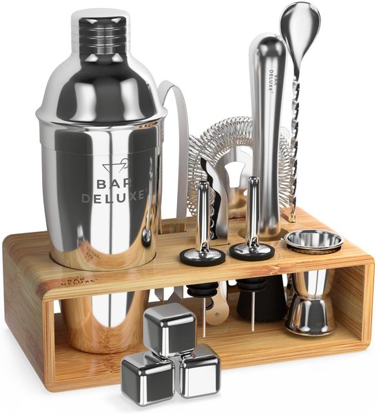 BarDeluxe® Cocktail Set - 13-teilig - Cocktail Shaker 750 ml mit Bambusständer, Rezeptbuch & Whiskey Stones - Luxus-Geschenkpaket