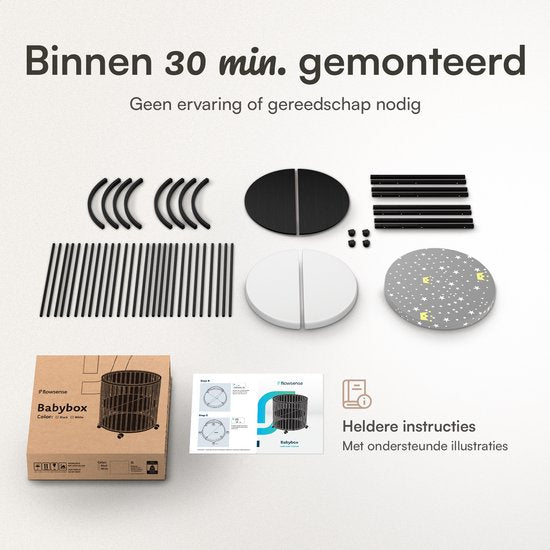 Flowsense Baby Box - Runder Laufstall - Bodenbox - Laufstall - mit Matratze - höhenverstellbar - Rollen - Schwarz