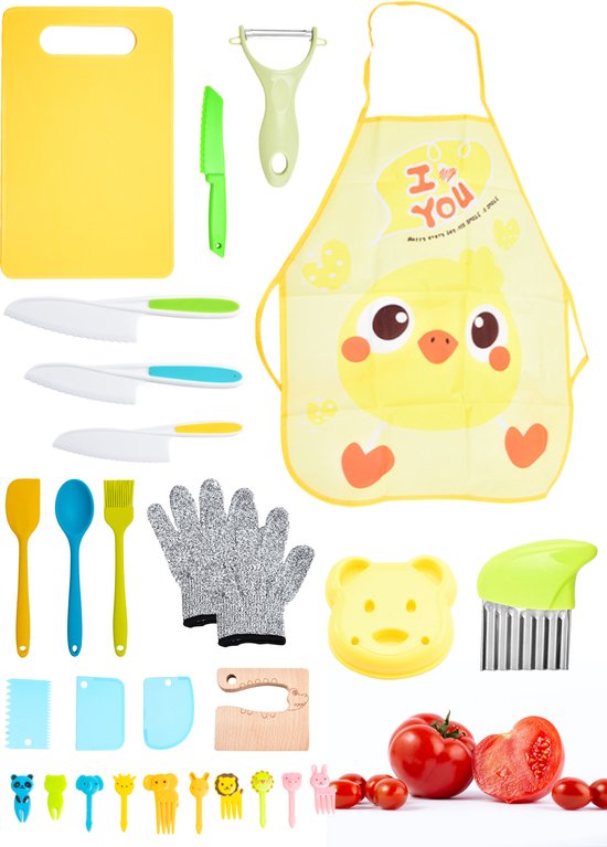 Nuvance - Kindermesserset - 17-teiliges Kochset - Kiddikutter - Kinderbesteck mit Tranchierbrett, Schälmesser, Kindermesser, Pommesschneider & Kochschürze - Kiddicutter - Kochen für Kinder - Küchenutensilien
