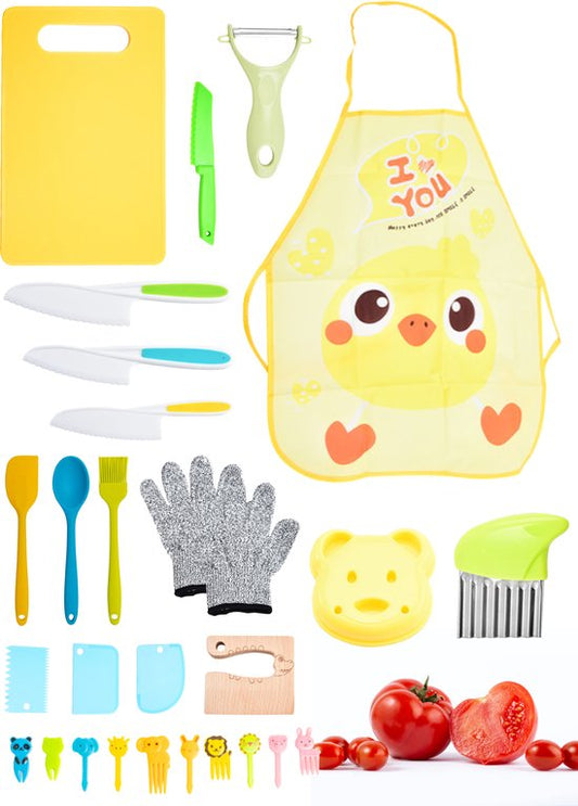 Nuvance - Kindermesserset - 17-teiliges Kochset - Kiddikutter - Kinderbesteck mit Tranchierbrett, Schälmesser, Kindermesser, Pommesschneider & Kochschürze - Kiddicutter - Kochen für Kinder - Küchenutensilien