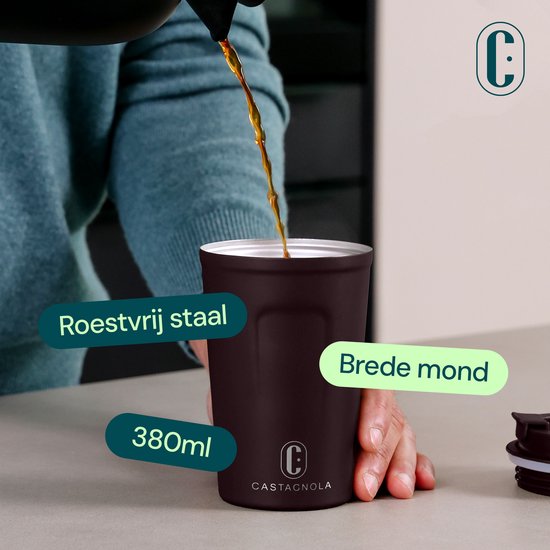 Castagnola Thermosbecher - Kaffeebecher To Go - Reisebecher für Kaffee und Tee - Teebecher - 380 ML - Edelstahl - Dunkelbraun