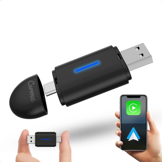 CarMe Mini 2-in-1 CarPlay Dongle - USB-A & USB-C - Drahtloses CarPlay & Android Auto - Android Auto Dongle - Schwarz
