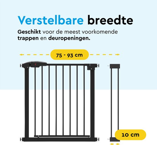 BRASQ Treppentor ohne Bohren - Sicherheitstor - Kindertor mit Verlängerung - 75 bis 93 cm - Ausziehbar - Klemmbefestigung - Metall - Hundetor - Schwarz