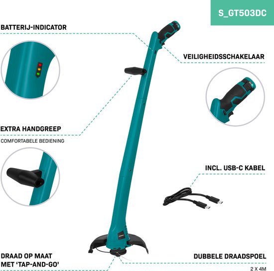 VONROC Grastrimmer 12V - Inkl. Akku, usb-c Kabel und Schnurspule