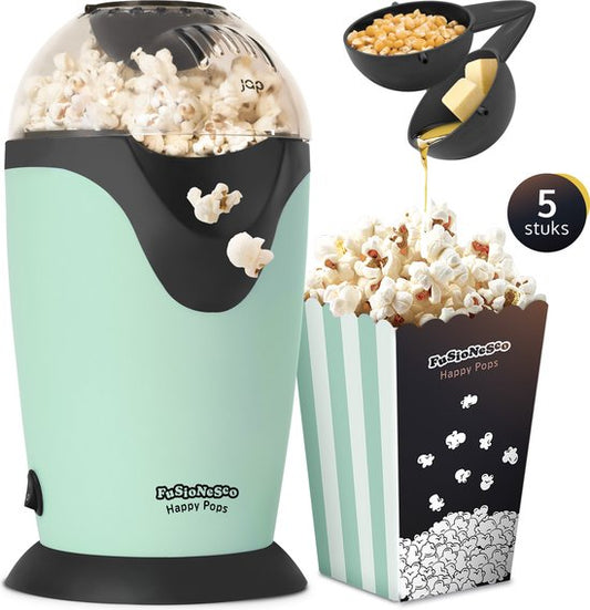 JAP Appliances Happy Pops - Retro-Popcornmaschine (2-3 Personen) - 1200W - Inklusive Mess- und Butterschmelzlöffel - Fertig in 3 Minuten - Ölfrei - Grün
