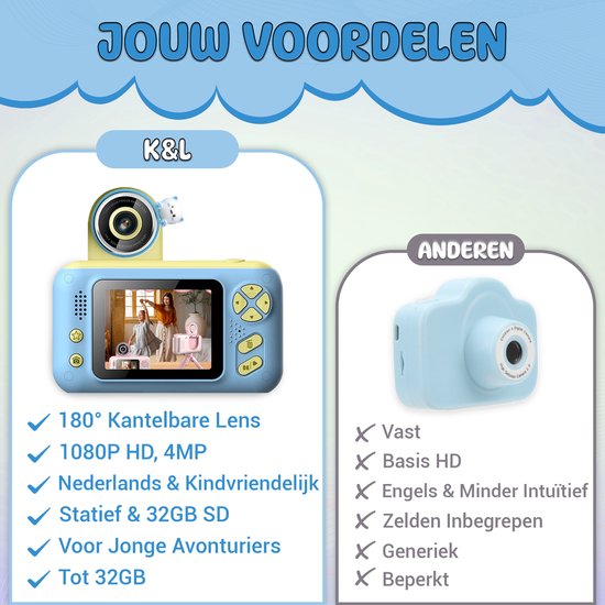 K&L Digitale Kinderkamera Kinder - Kinder Vlog Kamera - Kinderkameras Digital - Kameras Kinder - Kinderkamera - Blau