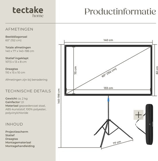 tectake® Beamer-Leinwand – 60 Zoll – 16:9-Projektionsleinwand mit Stativ – 4K HD – aufrollbar – ausziehbar – Projektionsleinwand – Präsentationsleinwand – inklusive Tragetasche