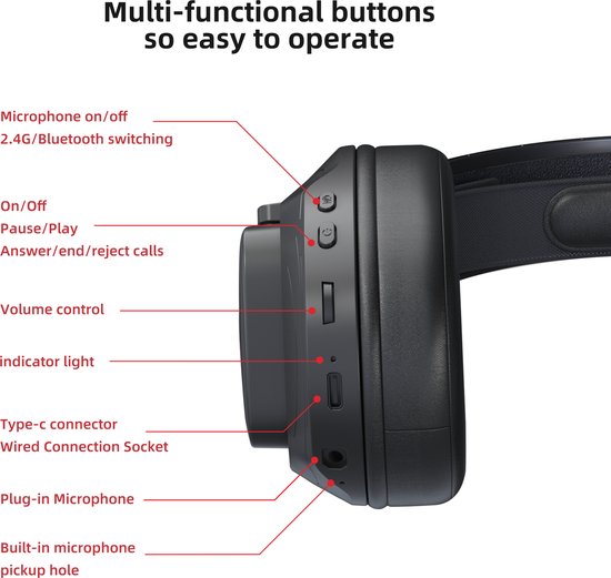 TAIDU THS318 2.4GHz Wireless Gaming Headset - Over-Ear-Kopfhörer - mit Mikrofon - Geeignet für PS4/PS5, Nintendo Switch - Schwarz