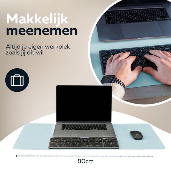 WURK Professionelle Schreibtischunterlage aus Kunstleder - Schreibtisch-Organizer - Schreibtischunterlage - Schreibtischzubehör - Mauspad XXL - Inklusive Kabelclip - Babyblau - 80x40