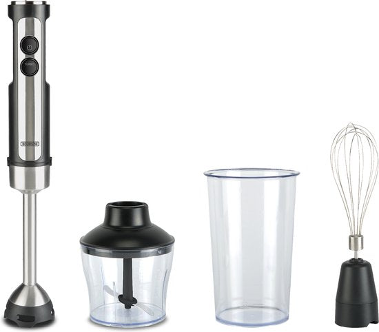 Bourgini Stabmixer - 4-tlg. Leistungsstarkes Stabmixer-Set aus Edelstahl -20 Geschwindigkeiten - Schneebesen - Zerkleinerer 600ml - Messbecher 800ml - 1500W