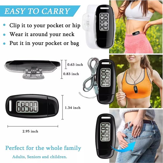Garpex® Schrittzähler mit Clip und Trageschnur - USB-Ladung - Activity Tracker - Schrittzähler - Großes Display - Tasche - Schwarz