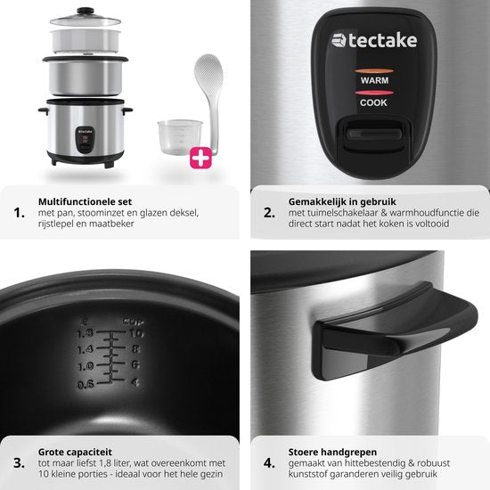 tectake® Reiskocher - Dampfgarer und Reiskocher mit Dämpfeinsatz - Großvolumiger Kochtopf mit 1,8 l Fassungsvermögen - Bis zu 10 Portionen Klebreis, Vollkornreis oder Sushi-Reis
