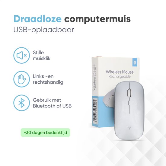 Trendfield Wireless Mouse - Wiederaufladbar - Bluetooth - Ergonomisch - Mit Silent Click - Für alle Laptops - Silber