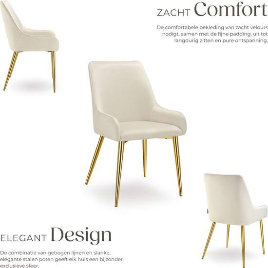 tectake - Esszimmerstuhl Avane - Samtoptik - Ergonomischer Polsterstuhl mit goldenen Stahlbeinen - Belastbarkeit 120 kg - Moderner Esszimmer- und Küchenstuhl - 2er Set - Beige