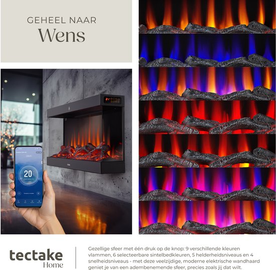 tectake® Wandkamin - Elektrokamin - Atmosphärischer Kamin - 900W & 1800W - Steuerung per Fernbedienung oder App - mit Thermostat - Ofen - mit Heizung - Kamine - mit Holz- und Glüheffekten - 3D Flammen - Timer - 9 Farboptionen