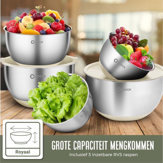COOCK Edelstahl Rührschüsselset mit Deckel - Bratschüsseln mit Deckel - Vorratsschüssel mit Reibe - Schüssel für Salate & Mischungen - 22-teiliges Set 1,5 bis 5 Liter - Beige - inkl. Messlöffel