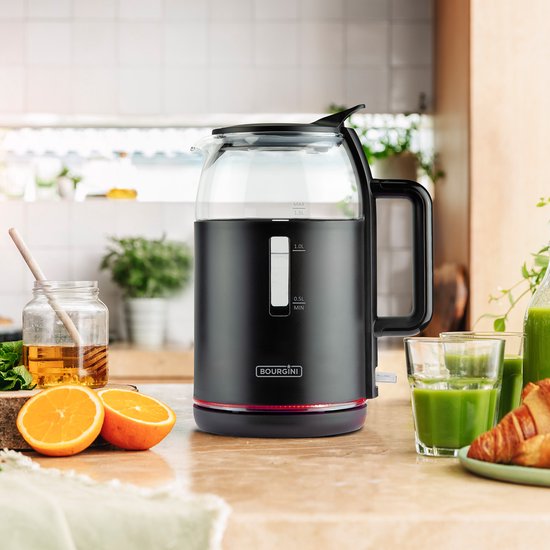Bourgini Wasserkocher aus Glas - Mattschwarz - Kabelloser Gebrauch - Einfaches Befüllen durch den Deckel - Großes Fassungsvermögen von 1,5 l - BPA-frei