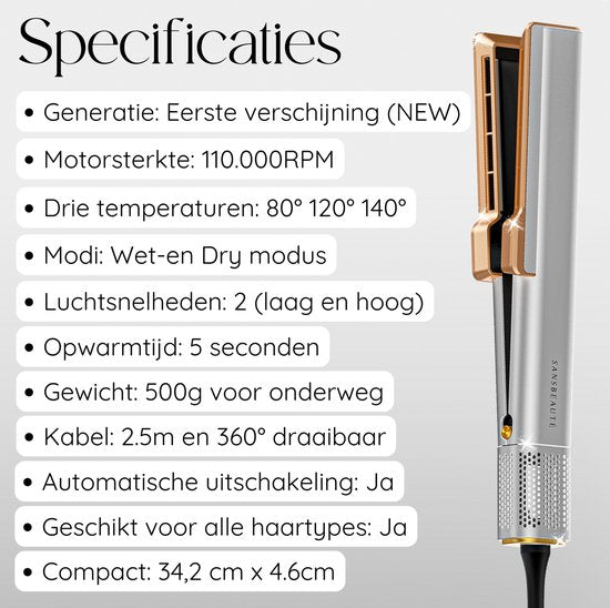 Sansbeauté Sanstraight Glätteisen - 2-in-1 Airstraight - inkl. Haartrockner - 80℃ bis 140℃ - Weiß/Gold
